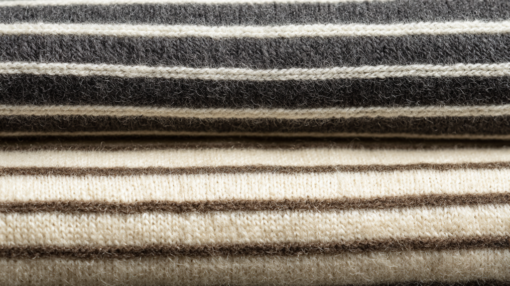 짙은 회색과 아이보리색이 번갈아 들어간 가로 스트라이프 니트 원단의 근접 촬영 이미지.