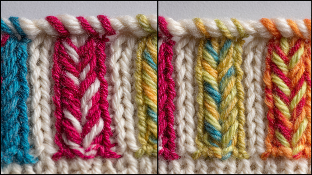 여러 색 실이 세로 방향으로 나뉘어 연결된 인타르시아 니트 원단의 확대 이미지.