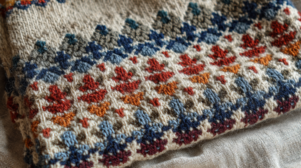 아이보리 바탕에 파랑, 빨강, 주황색 기하학 무늬가 반복되는 페어아일 니트 클로즈업.