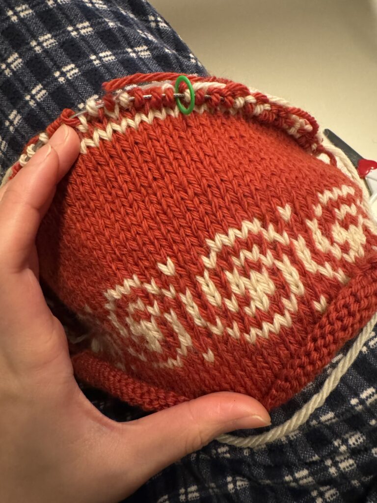 빨간 바탕에 화이트 배색 코위찬 무늬가 들어간 강아지 니트 등판을 뜨개 진행 중인 모습