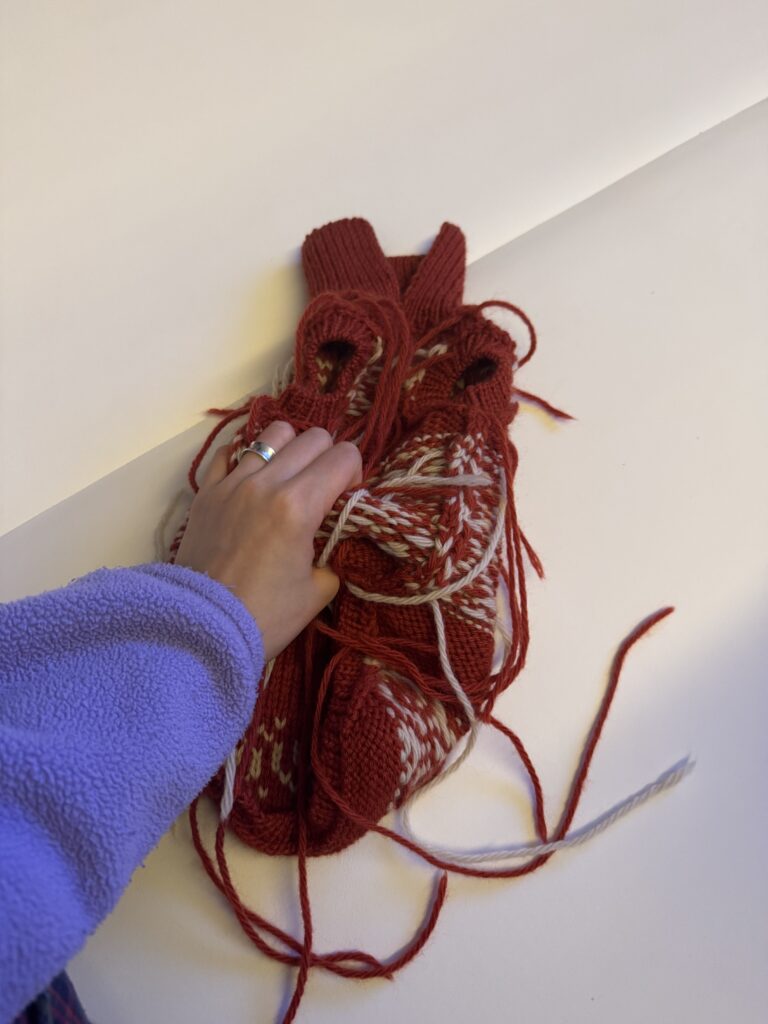 강아지 코위찬 니트 내부에 여러 가닥의 실이 남아 있는 실 정리 전 상태