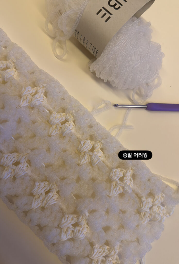흰색 튜브사와 배색 무늬로 가방 몸통을 뜨고 있는 모습